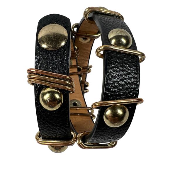 Leather Bracelet Black Gold Tone Studded Buckle Wrapped Metal Adjustable Punk - Picture 3 of 10